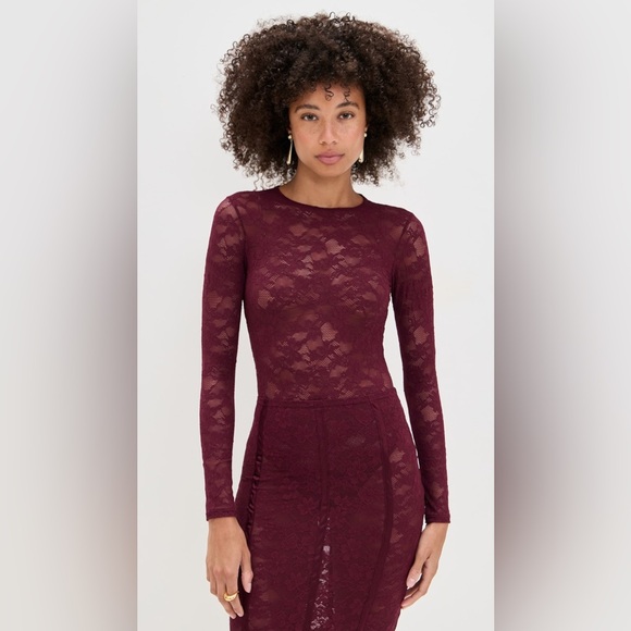 NWT Fleur Du Mal Le Stretch Lace Long Sleeve Bodysuit in Auburn— Size Medium - Picture 9 of 16